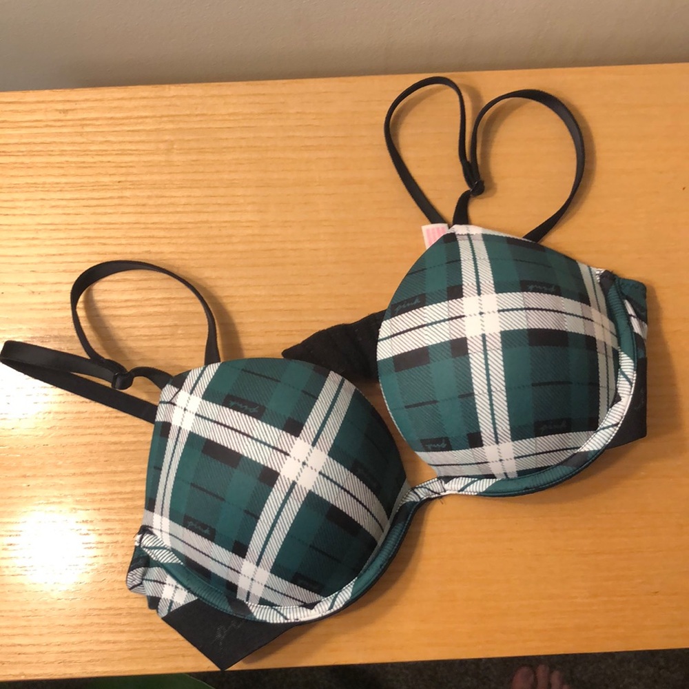 Victoria’s Secret Pink Super Push Up Bombshell padded bra dark garden plaid 34B